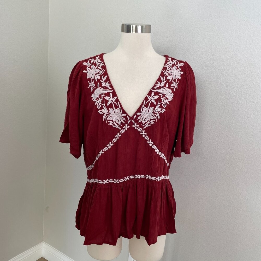 Knox Rose Plus XXL Maroon Floral Embroidered Blouse V Neck Boho Shirt Top